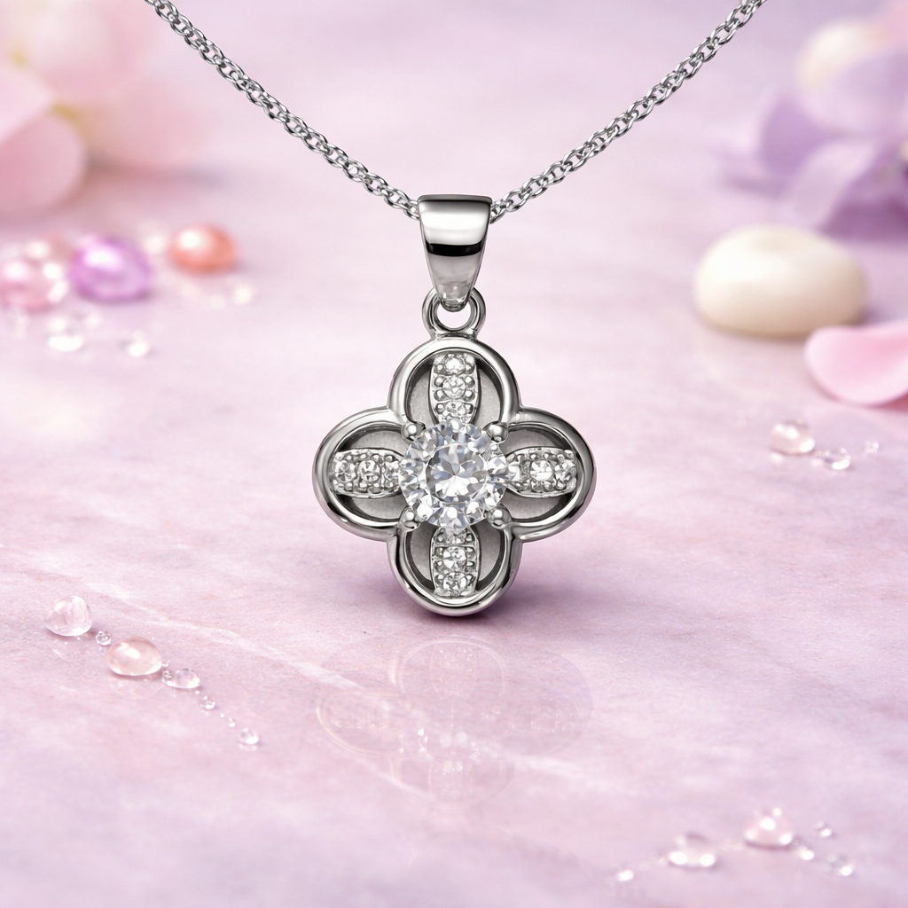Silver Sparkling Clover Pendant Necklace