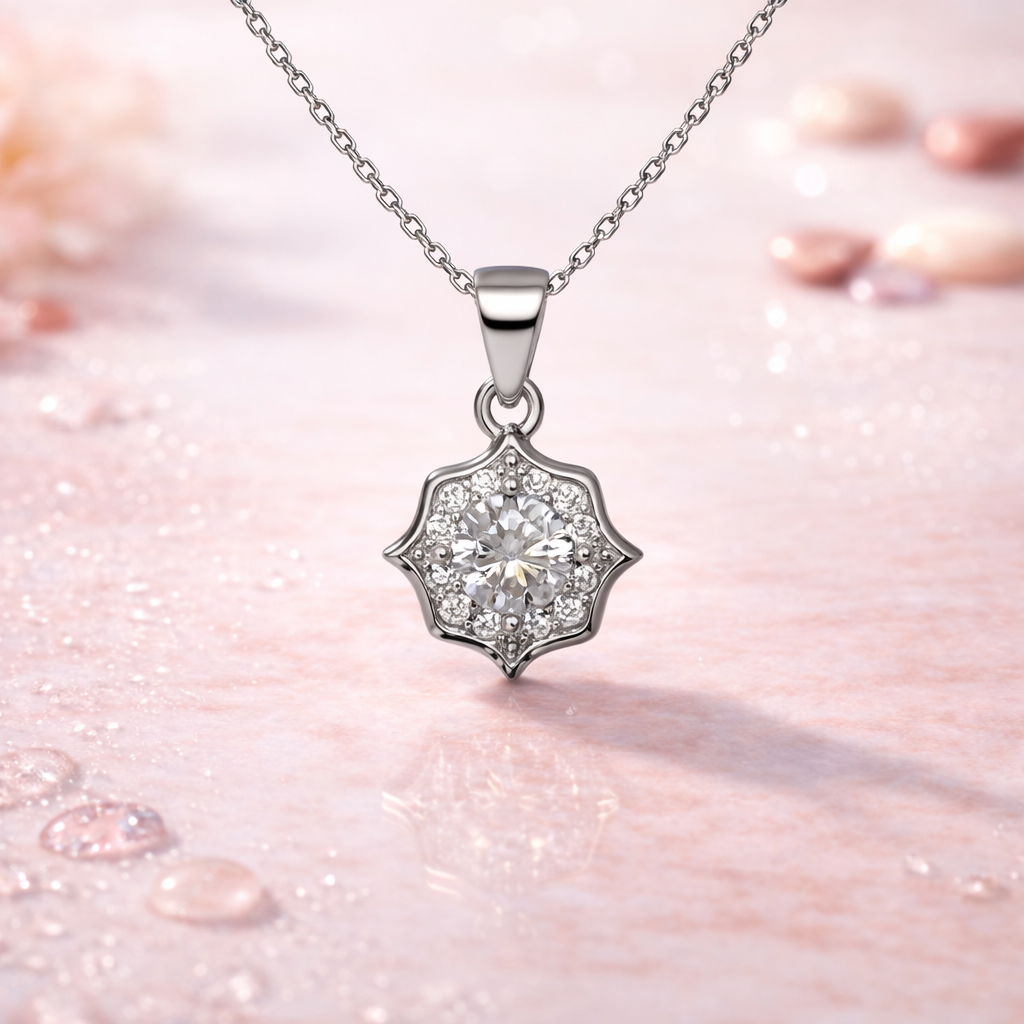 Sparkling Geometric Halo Silver Pendant Necklace