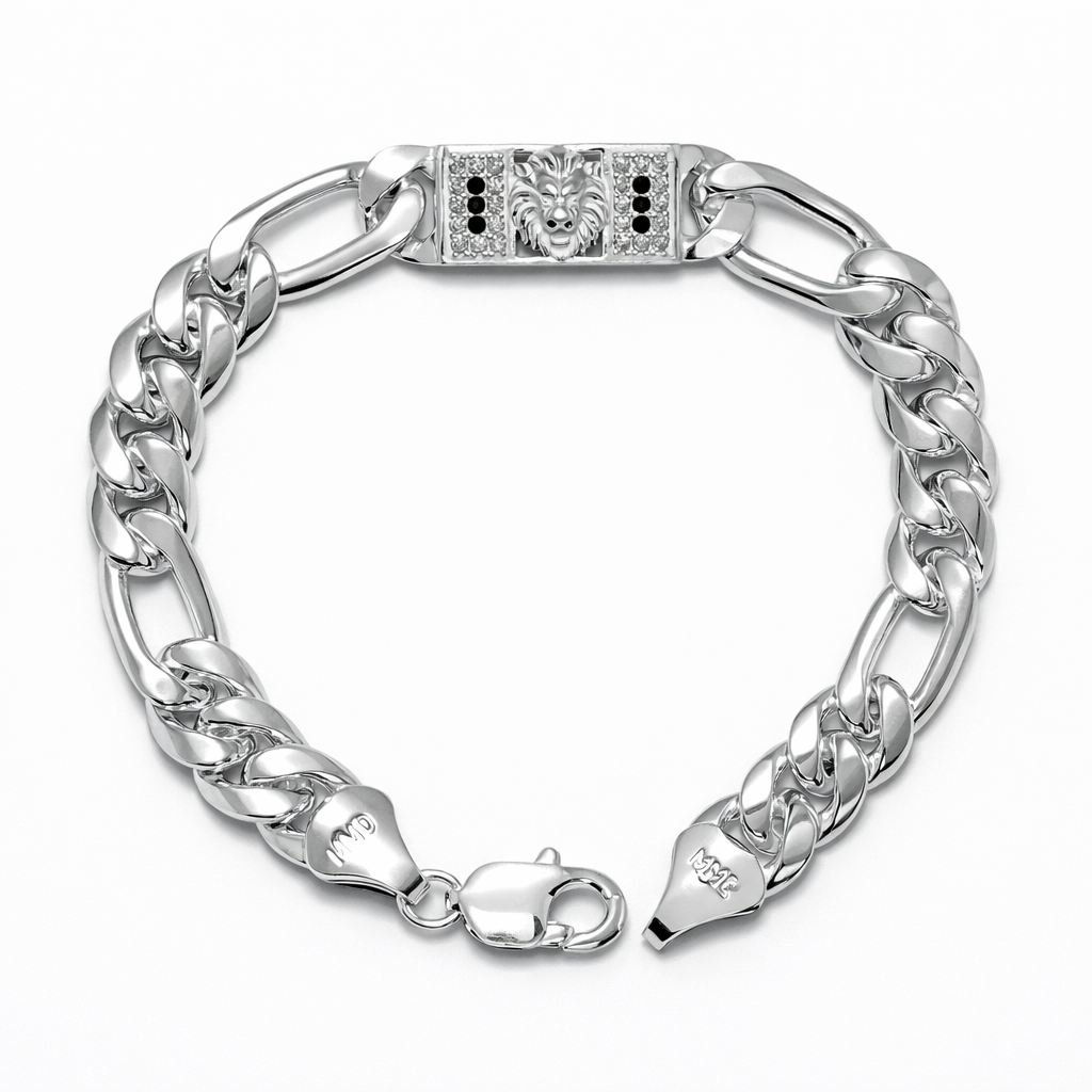 Lion Motif Silver Figaro Curb Bracelet with Black Accents