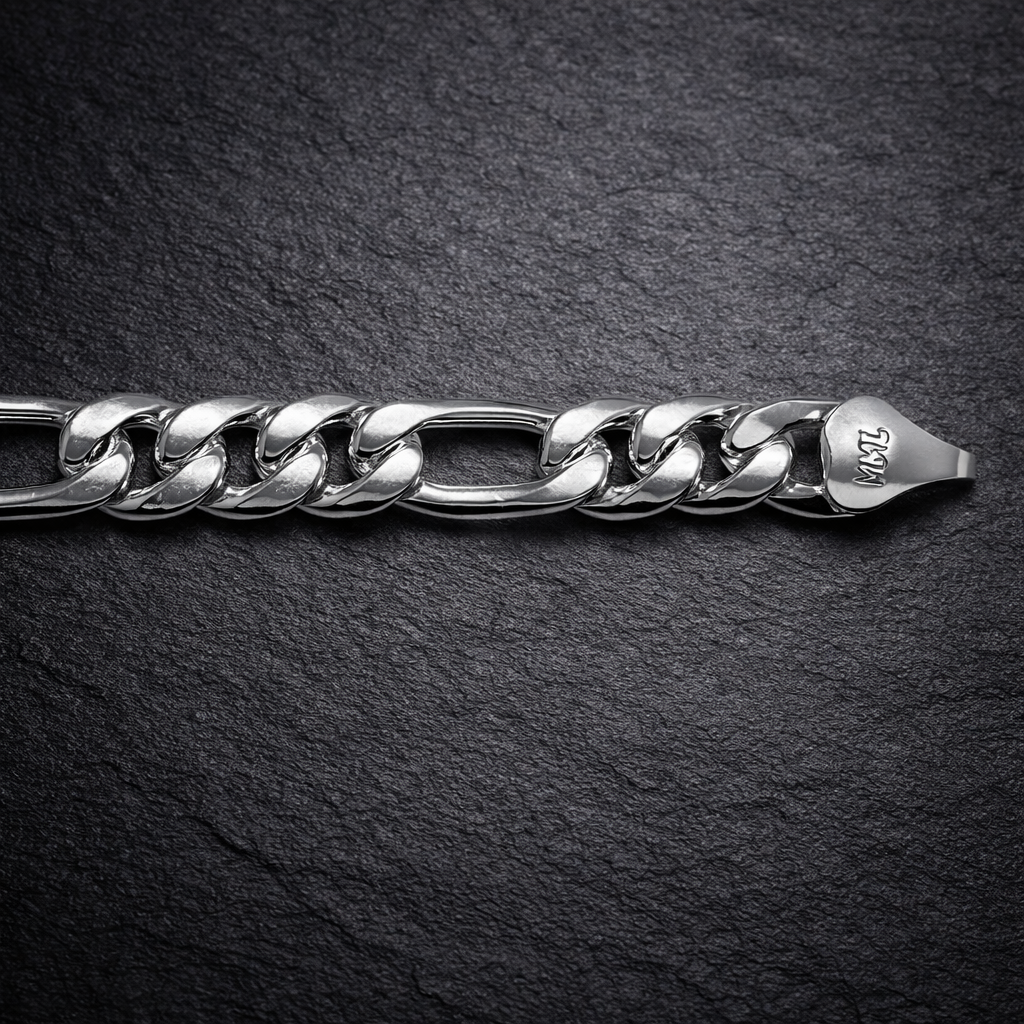Lion Motif Silver Figaro Curb Bracelet with Black Accents