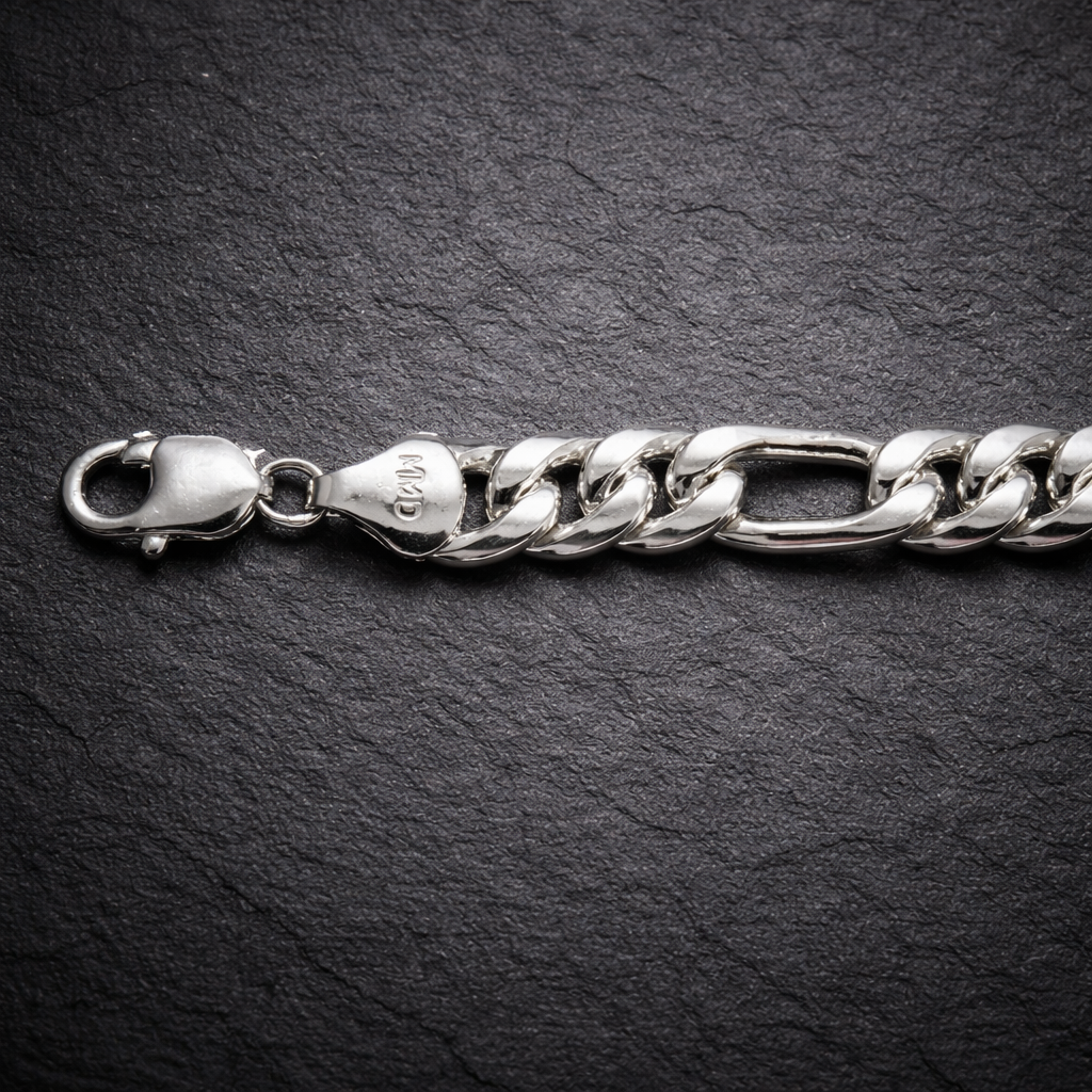 Lion Motif Silver Figaro Curb Bracelet with Black Accents