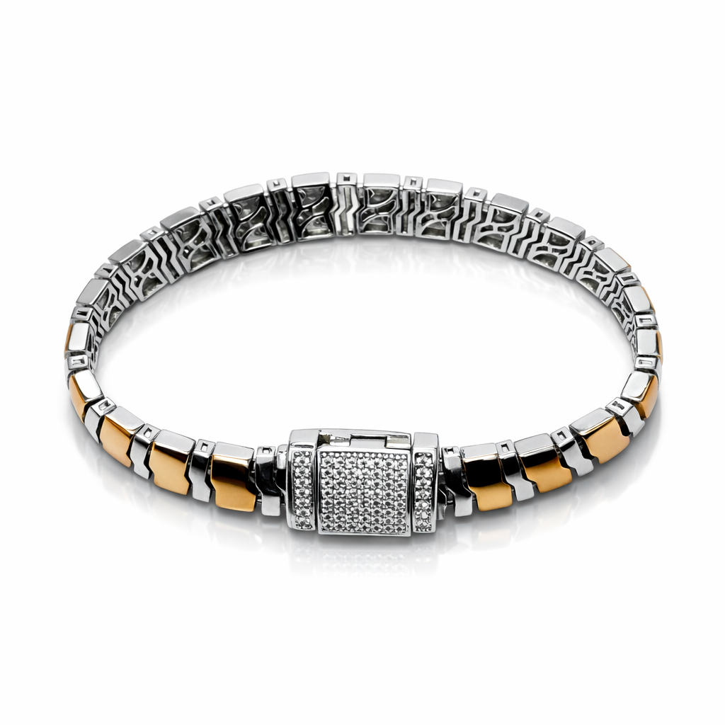 Two-Tone Silver Statement Link Bracelet with Stone Accents