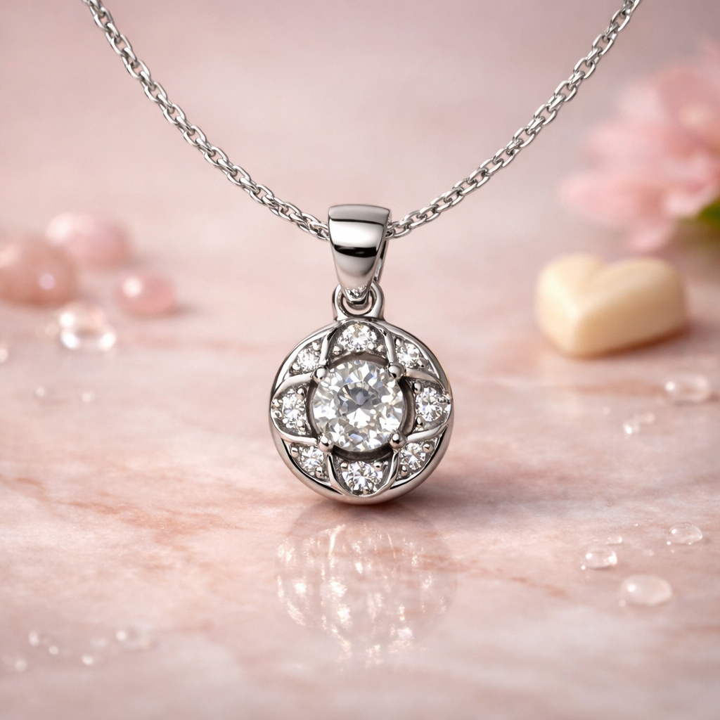 Round Sparkle Halo Silver Pendant Necklace