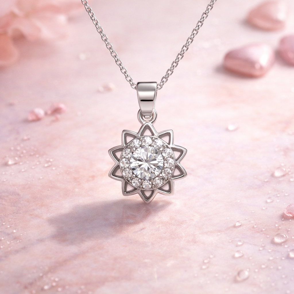 Silver Sunburst Halo Pendant Necklace