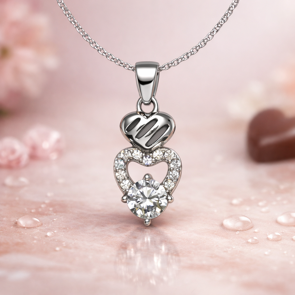 Sparkling Double Heart Silver Pendant Necklace