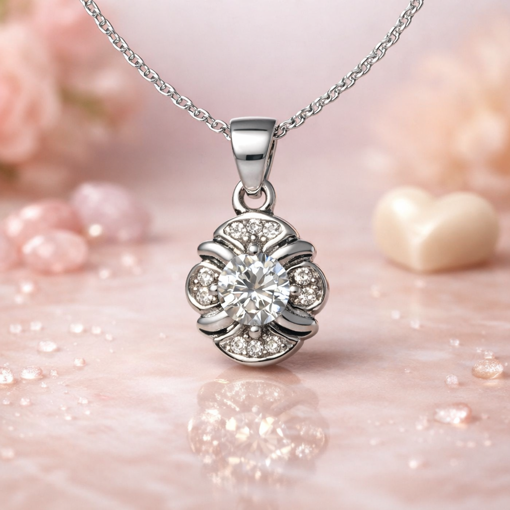 Silver Vintage Floral Crystal Pendant Necklace