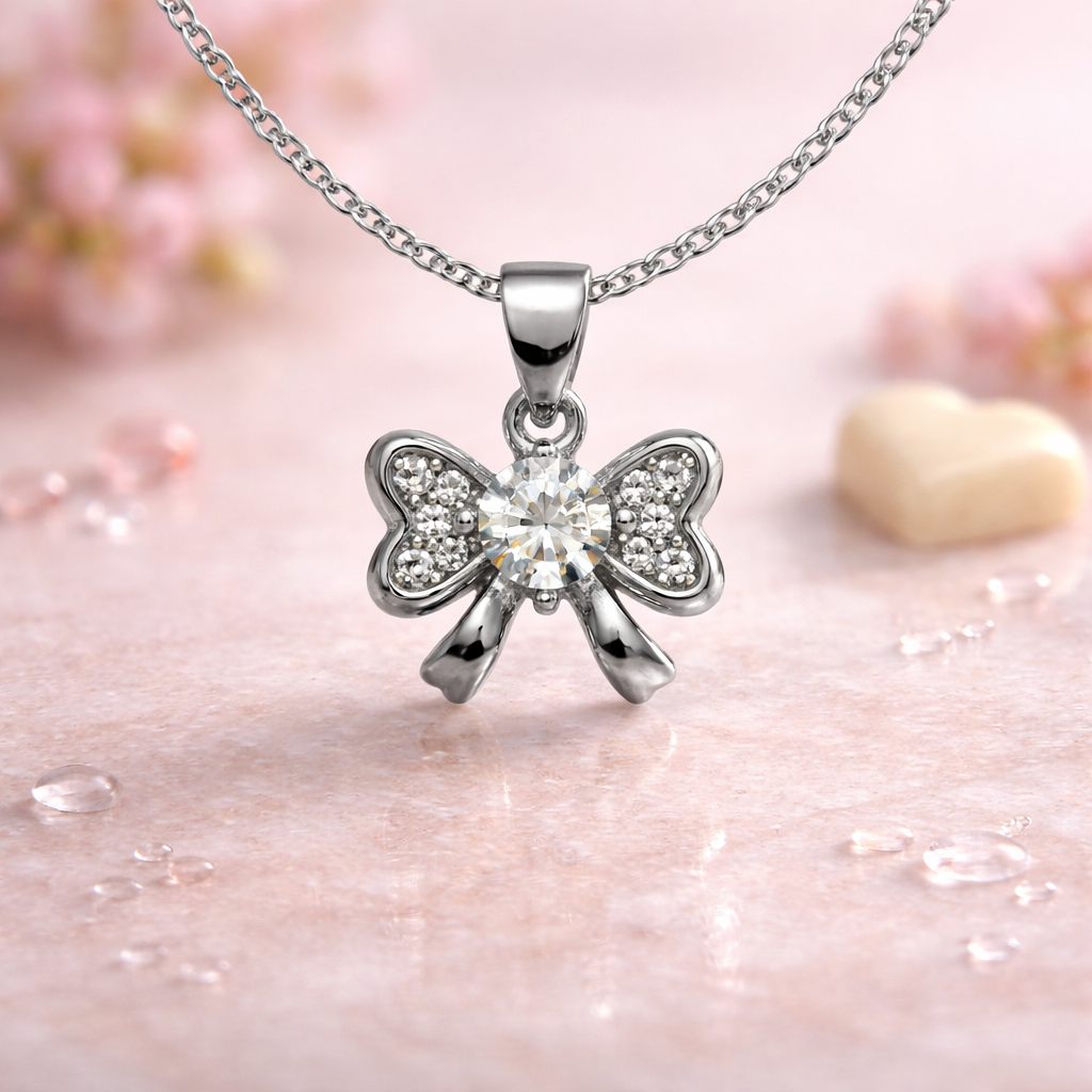 Silver Bow Ribbon Pendant Necklace