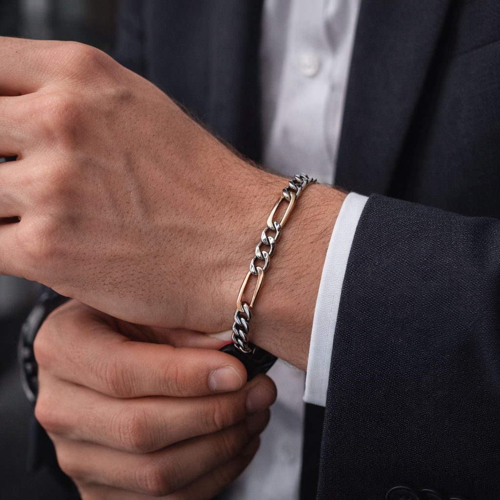 Two-Tone Figaro Chain Silver Bracelet for Men