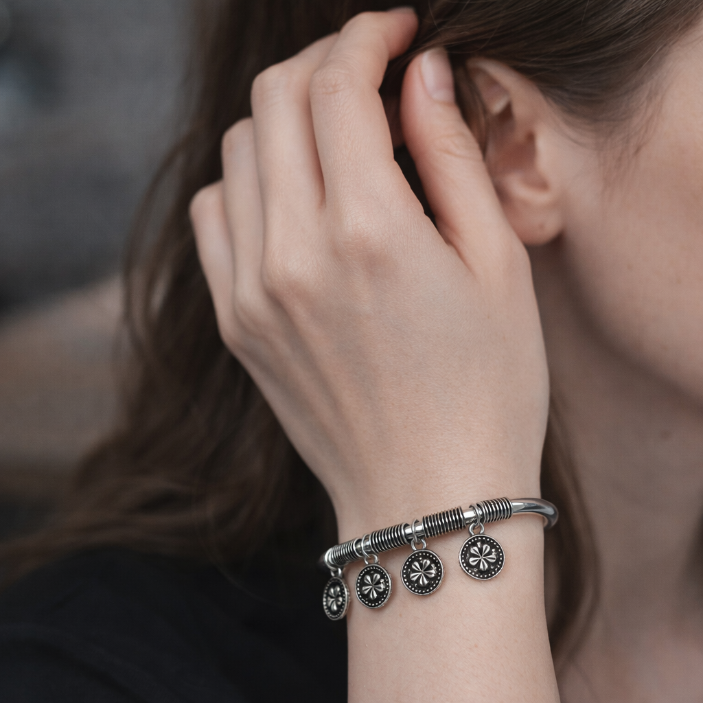 Antiqued Floral Charm Silver Bangle