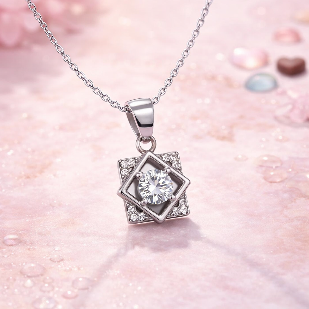 Radiant Square Geometric Silver Pendant Necklace
