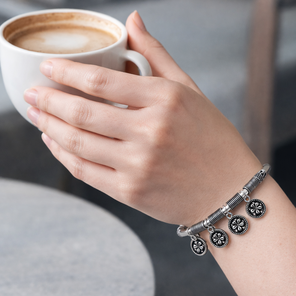 Antiqued Floral Charm Silver Bangle