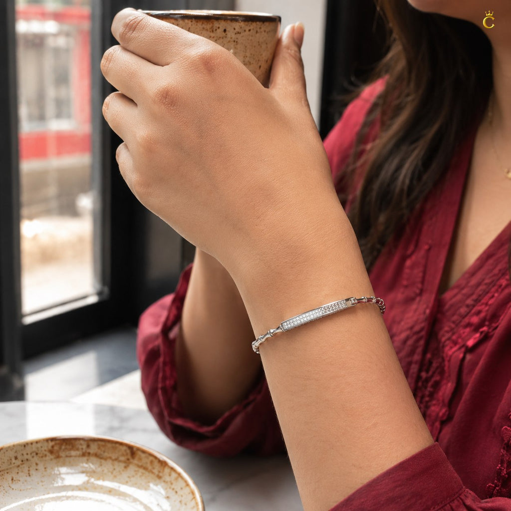 Interlocking Bamboo Bar Diamond Silver Bracelet