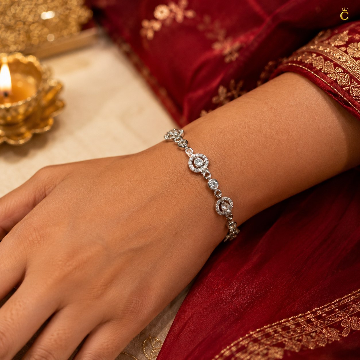 Interlinked Heart and Round Halo Silver Bracelet