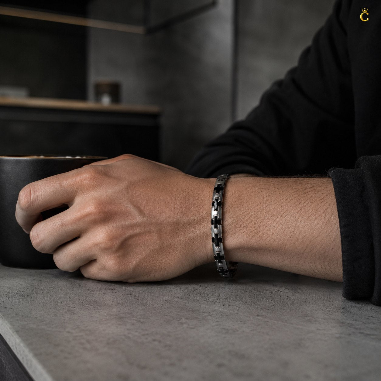 Men's Silver Black Cross Link Bracelet