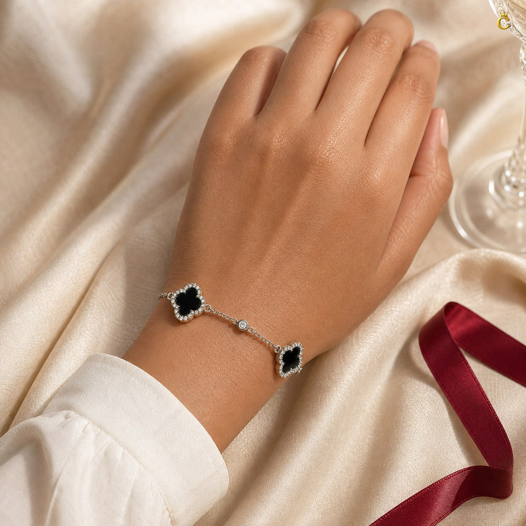 Celestora - Onyx Three Clovers Van Cliff Bracelet