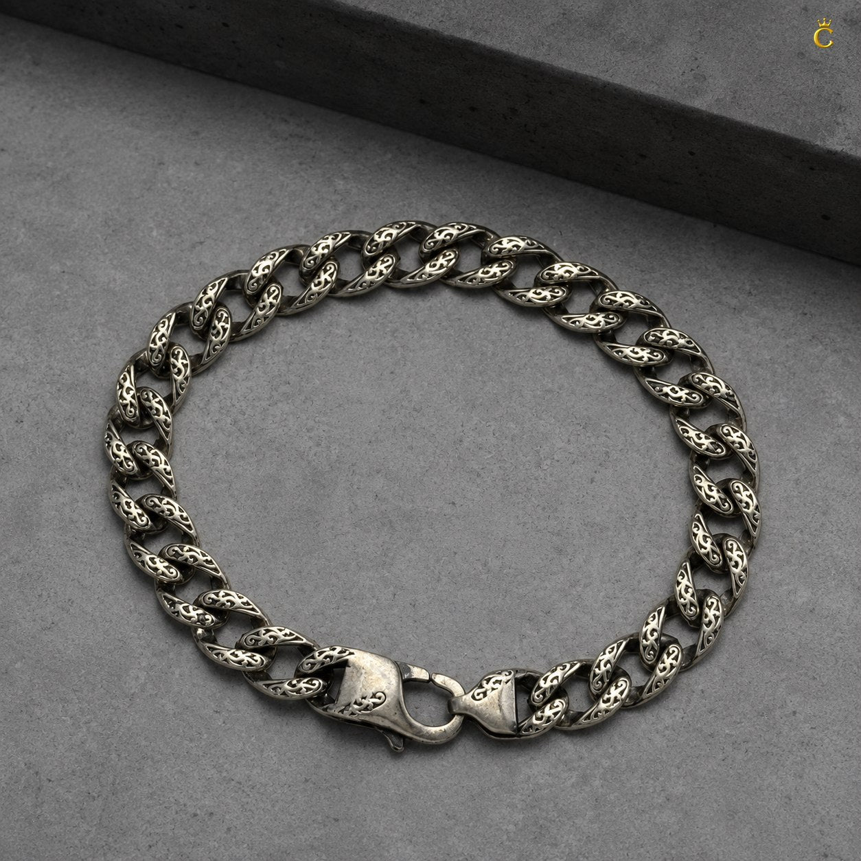 Ornate Filigree Silver Curb Link Bracelet
