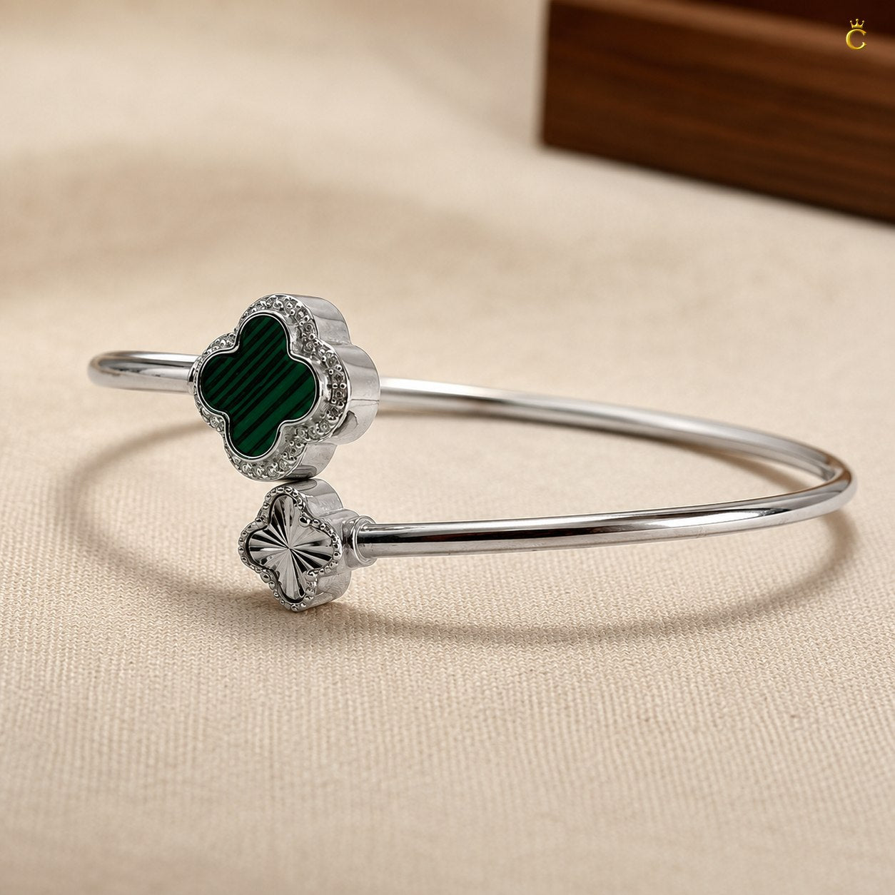 Celestora-Silver Open Cuff /Kada Van-cliff design with a Green & Silver clover motif