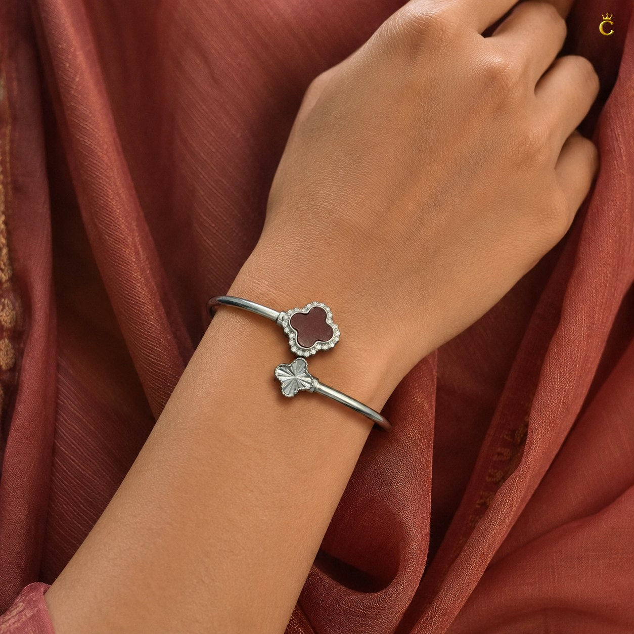 Celestora- Silver Van cliff design Ruby Clover Open cuff/ Kada