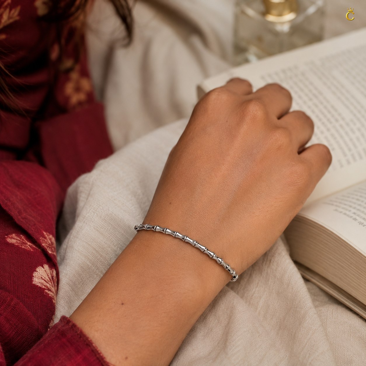 Interlocking Bamboo Bar Diamond Silver Bracelet