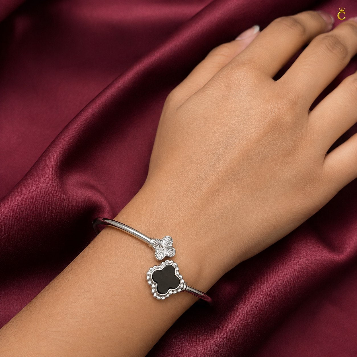 Celestora-Silver Open Cuff/Kada with a Black & Silver clover motif Vancliff design