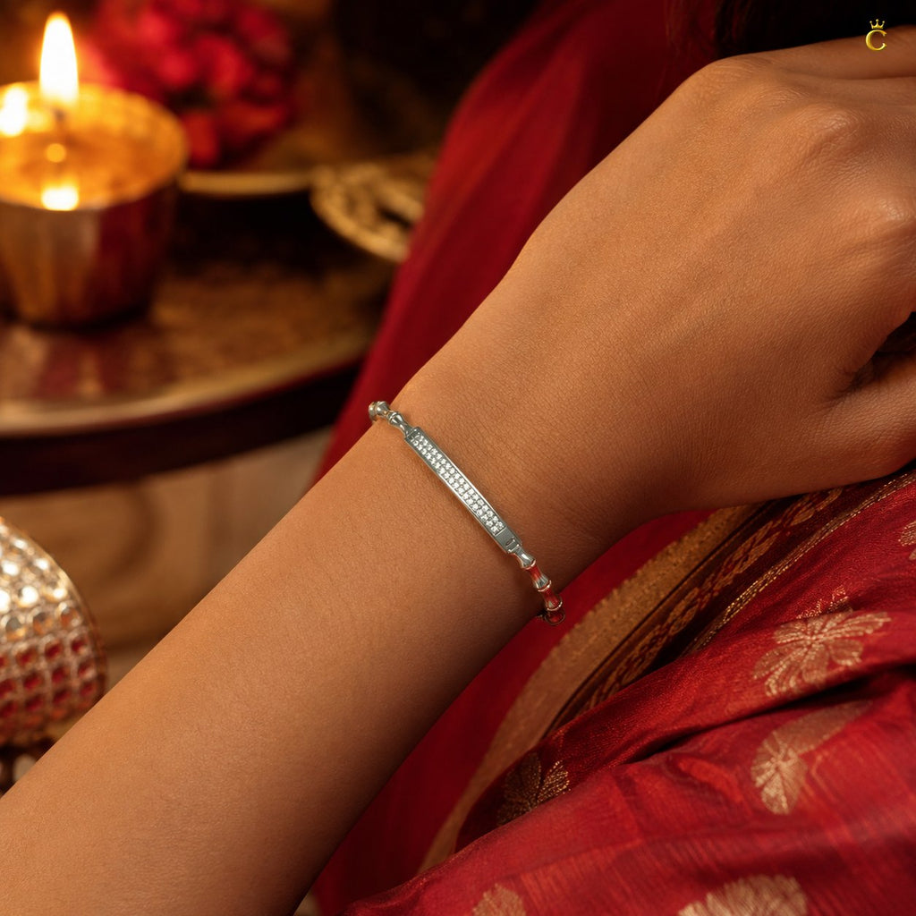 Interlocking Bamboo Bar Diamond Silver Bracelet