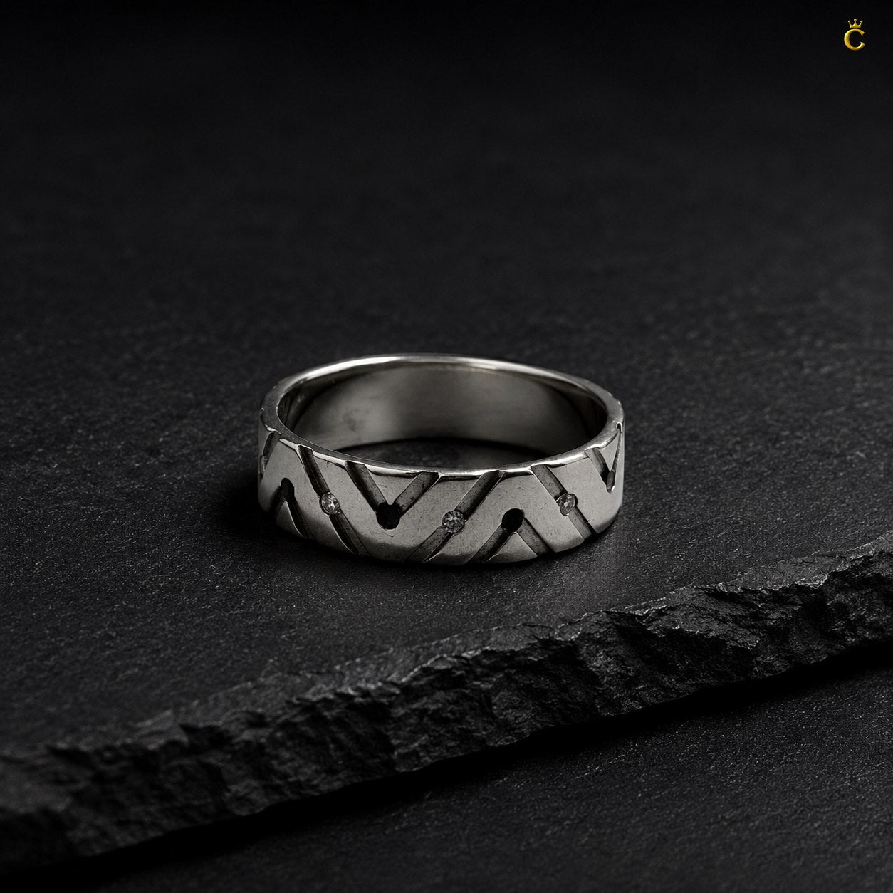 ZigZag Ring Men With Black Stone