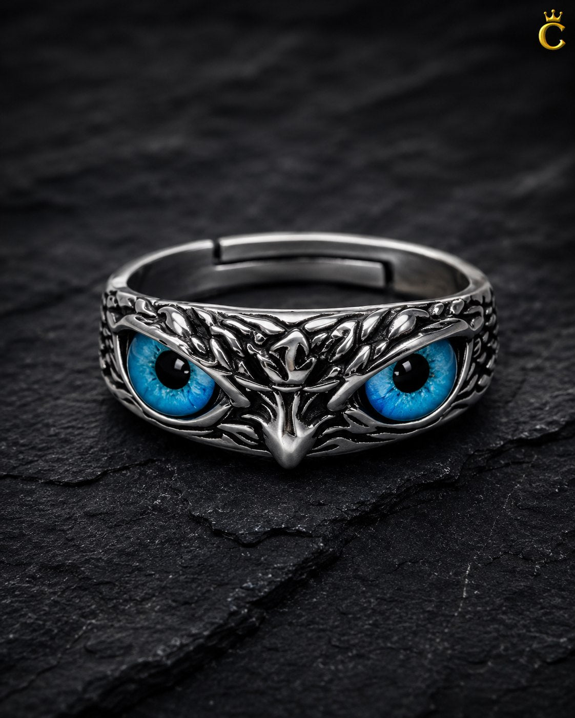 Vivid Blue-Eyed Owl Adjustable Silver Ring