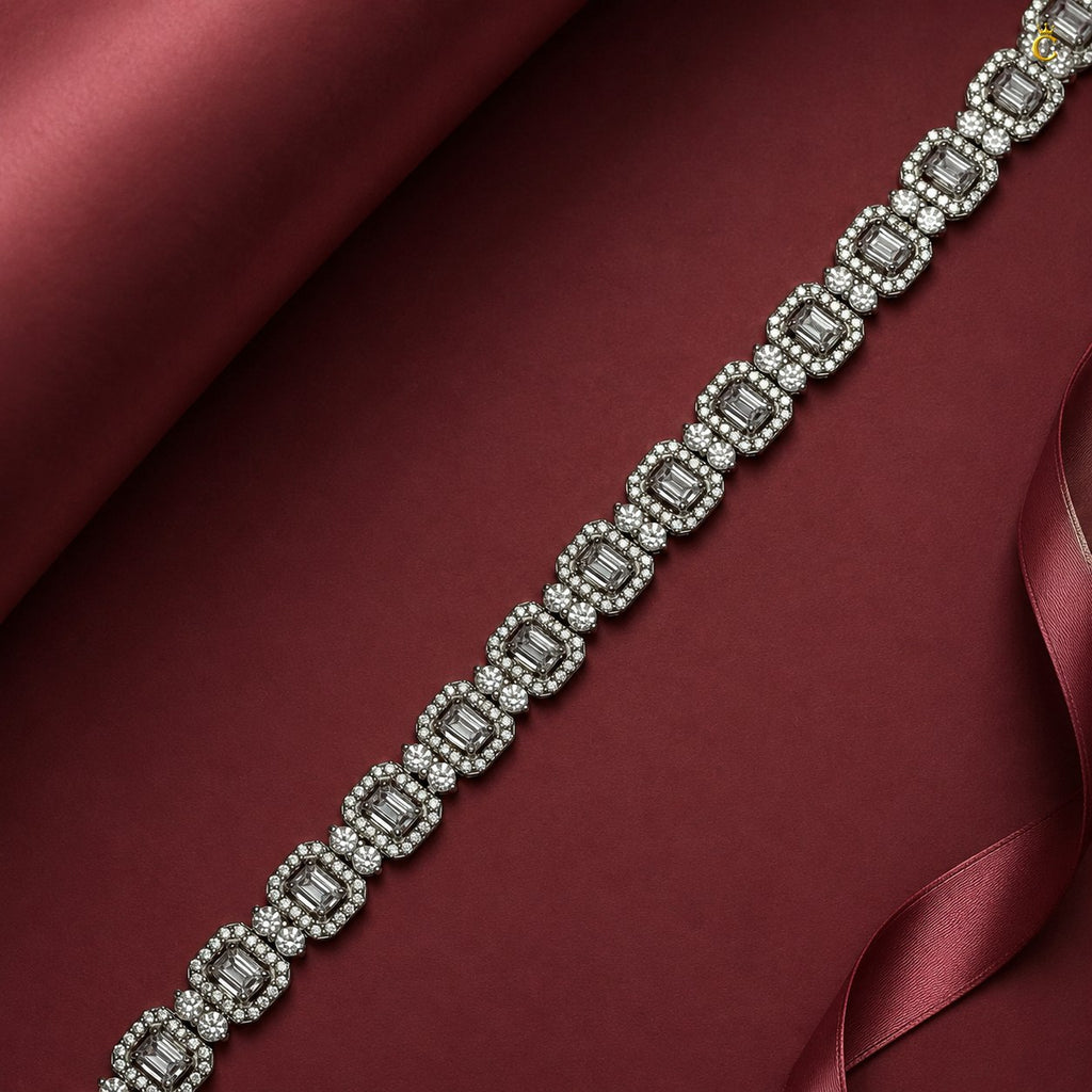 Emerald Cut Halo Diamond Link Silver Bracelet