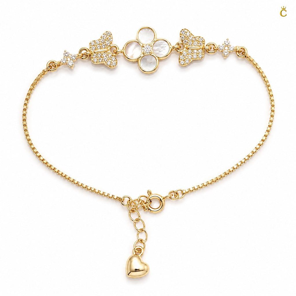 Gold Plated Silver Clover and Butterfly Charm Bracelet