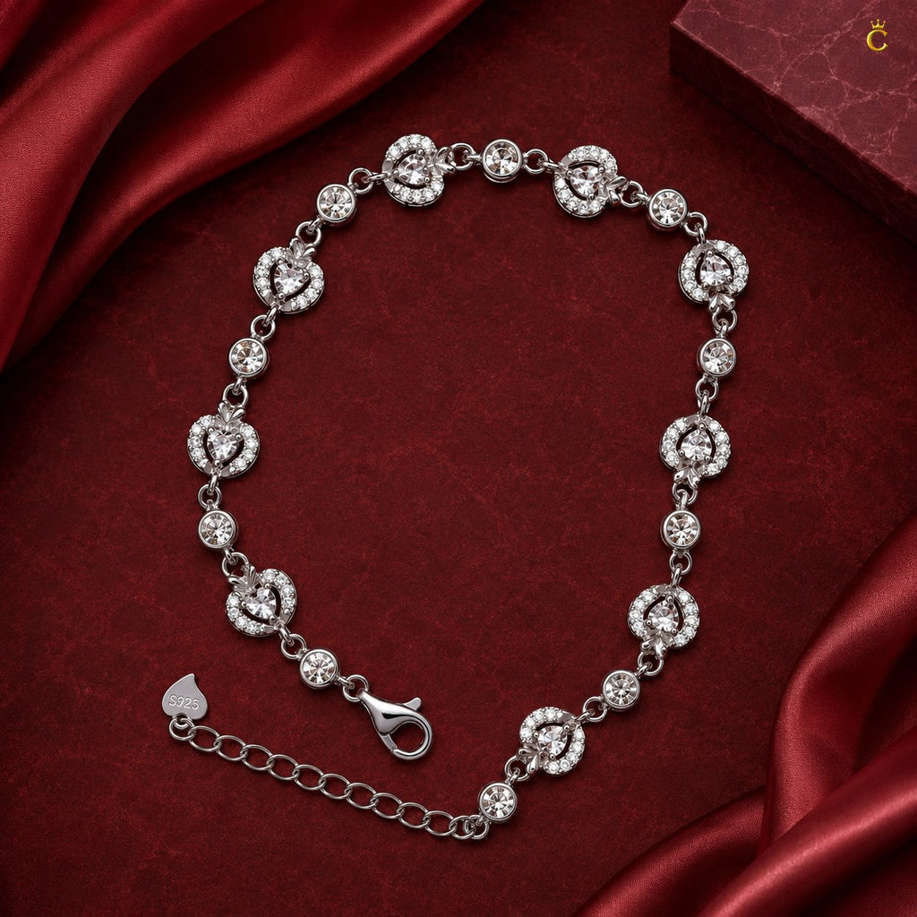 Interlinked Heart and Round Halo Silver Bracelet
