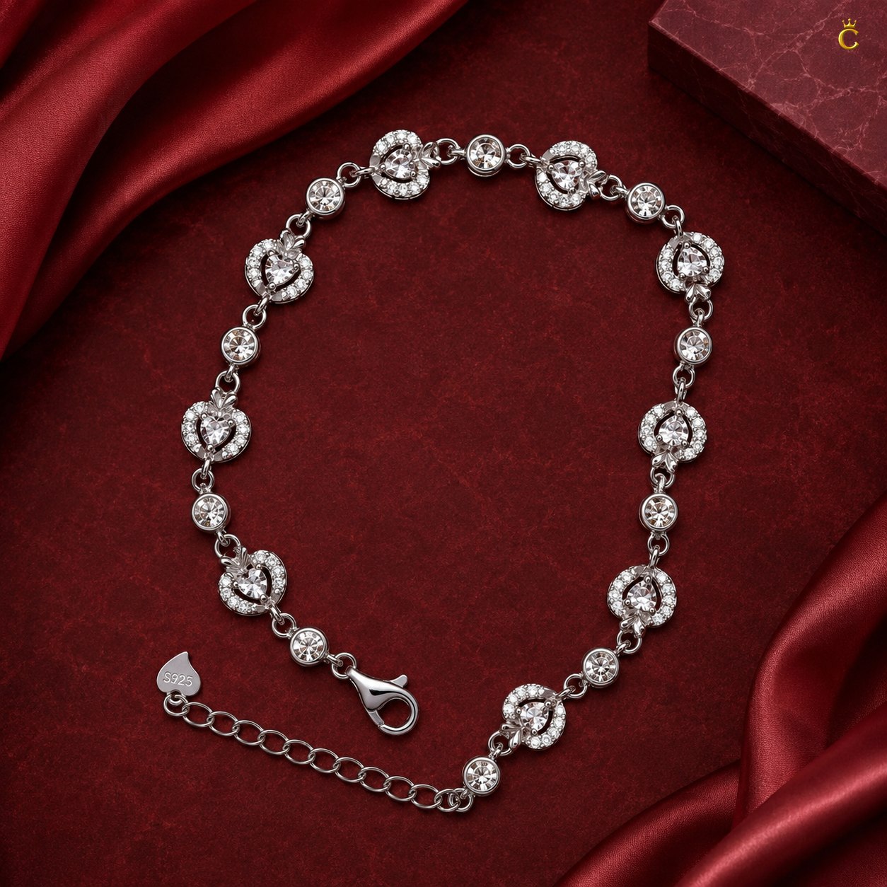 Interlinked Heart and Round Halo Silver Bracelet