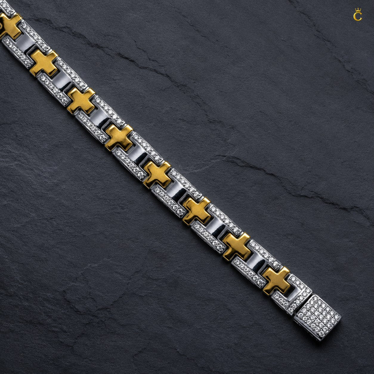 Men's Silver and Gold Toned Link Bracelet with CZ Accents
