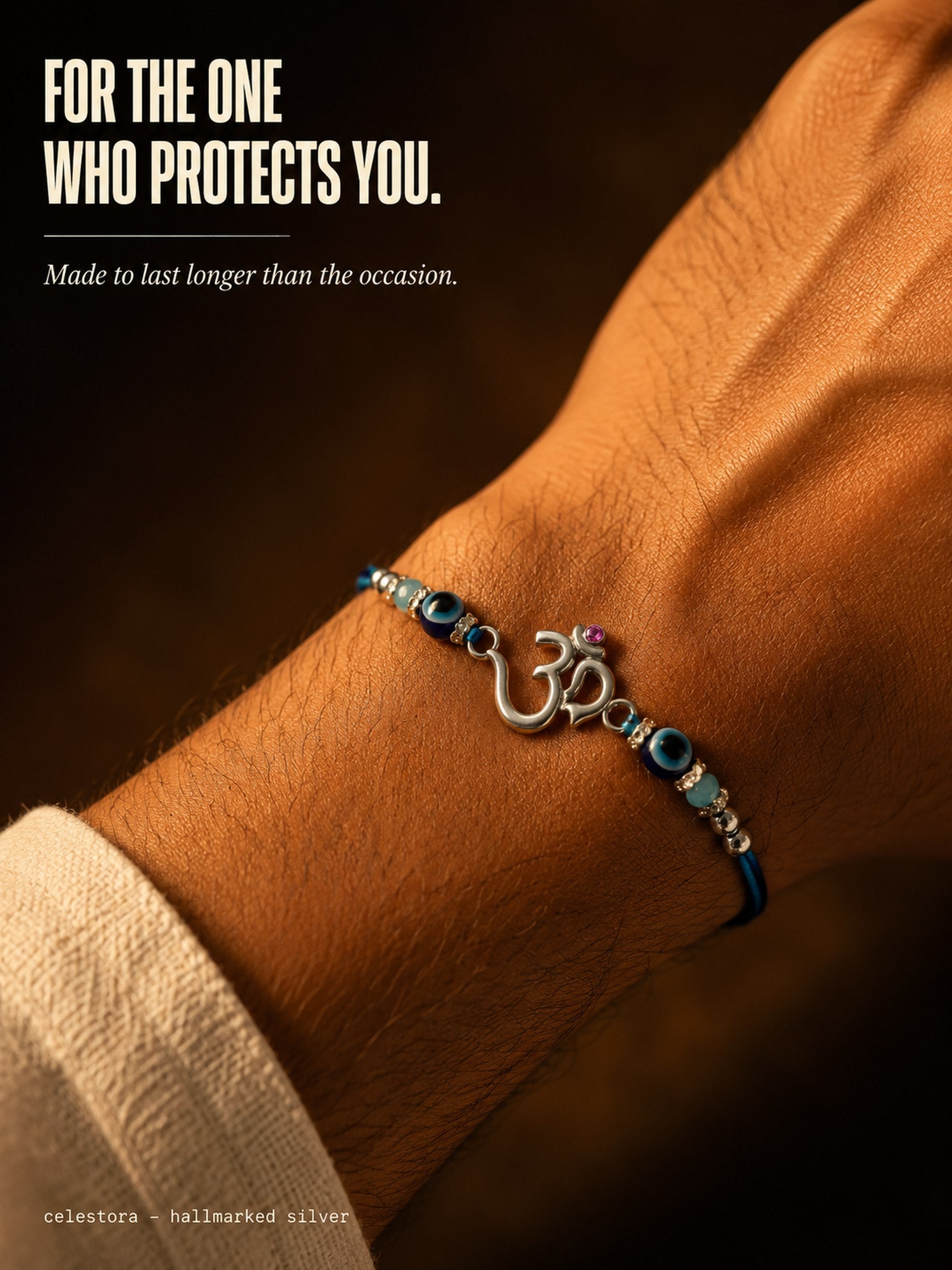 Celestora- Silver Om Evil Eye Premium Rakhi/ Bracelet