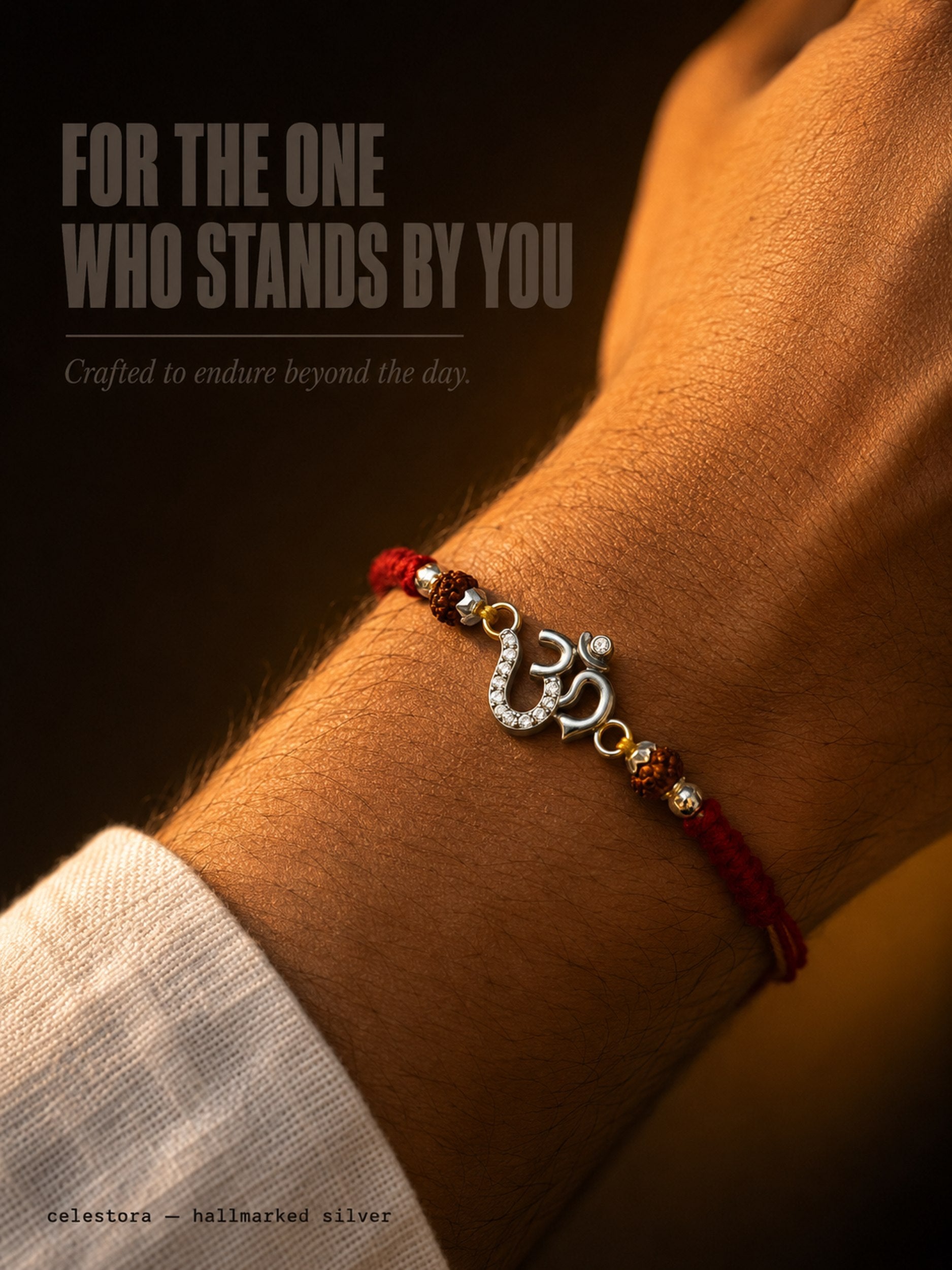 Celestora-Silver Om Rakhi with Rudraksha, CZ stones, and traditional Mauli thread
