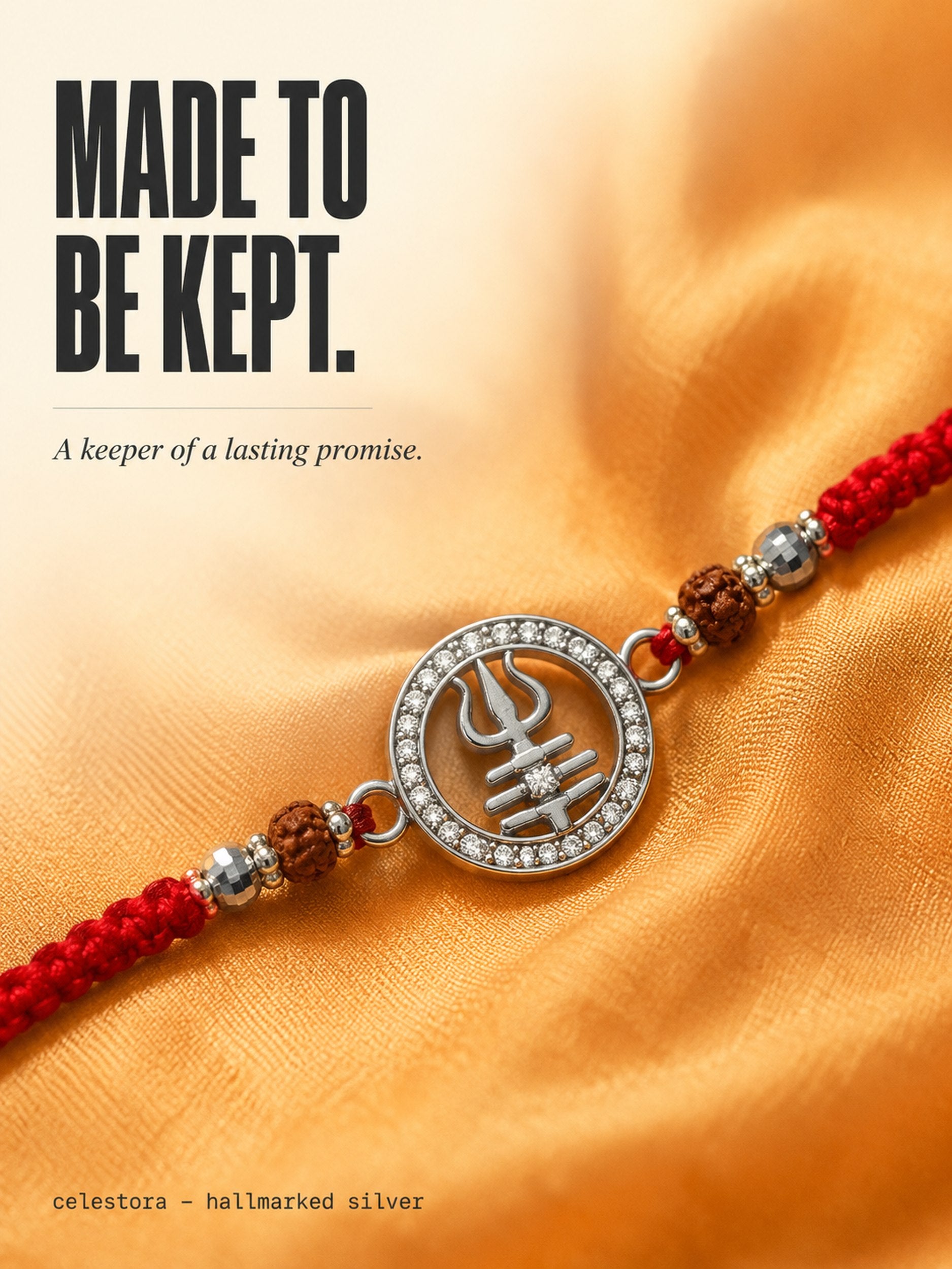 Silver Trishul Rakhi with Rudraksha and CZ stone & Mauli Dhaga