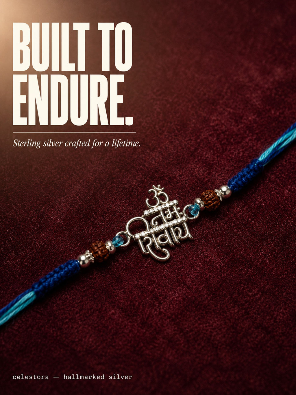 Celestora-Silver "Om Namah Shivaya" Rakhi/ Bracelet with glittering CZ stones, Rudraksha beads, and a blue sacred thread