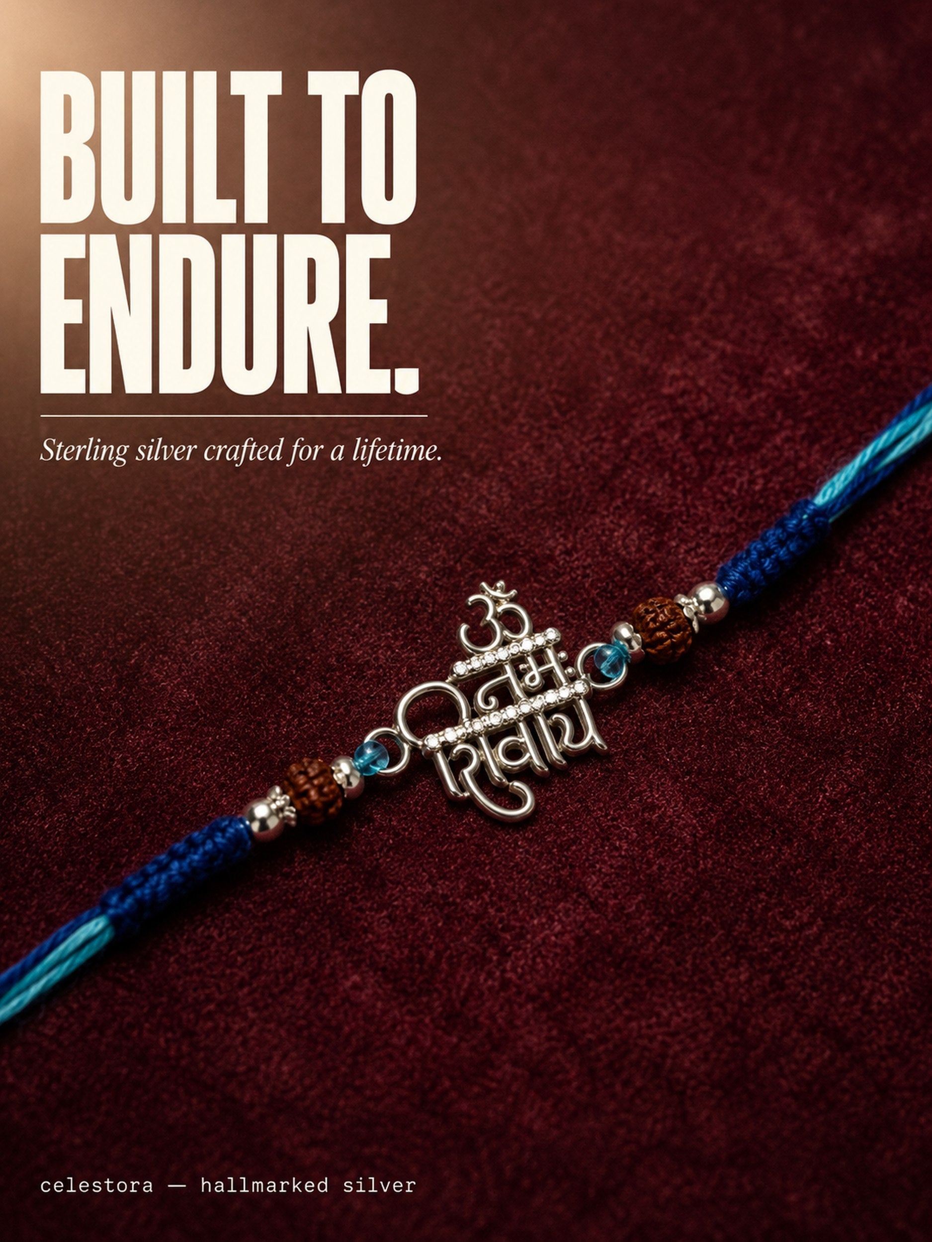Celestora-Silver "Om Namah Shivaya" Rakhi/ Bracelet with glittering CZ stones, Rudraksha beads, and a blue sacred thread