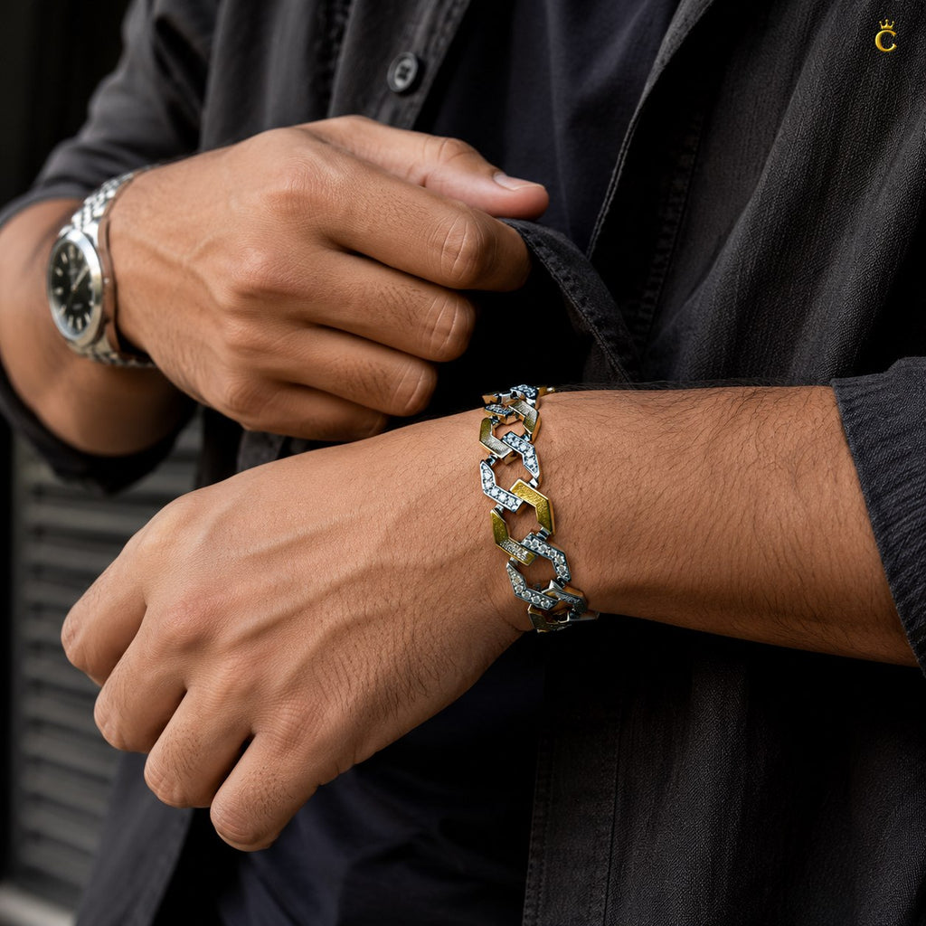 Men's Two-Tone Iced Silver Cuban Bracelet