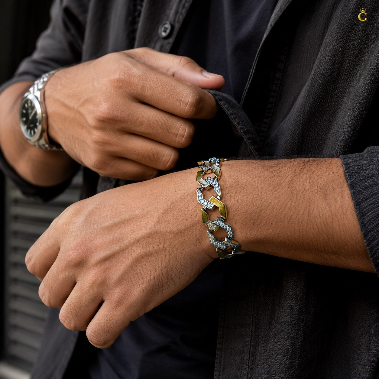 Men's Two-Tone Iced Silver Cuban Bracelet