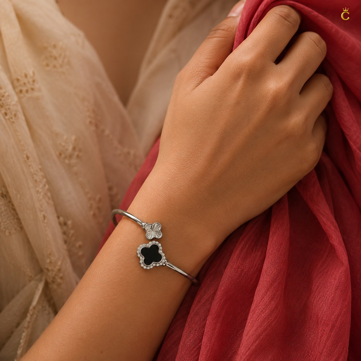 Celestora-Silver Open Cuff/Kada with a Black & Silver clover motif Vancliff design