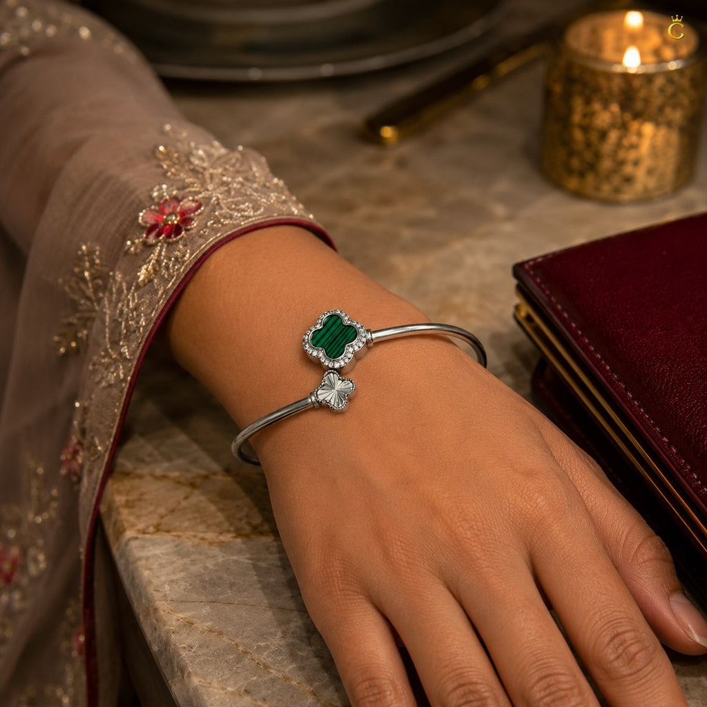 Celestora-Silver Open Cuff /Kada Van-cliff design with a Green & Silver clover motif