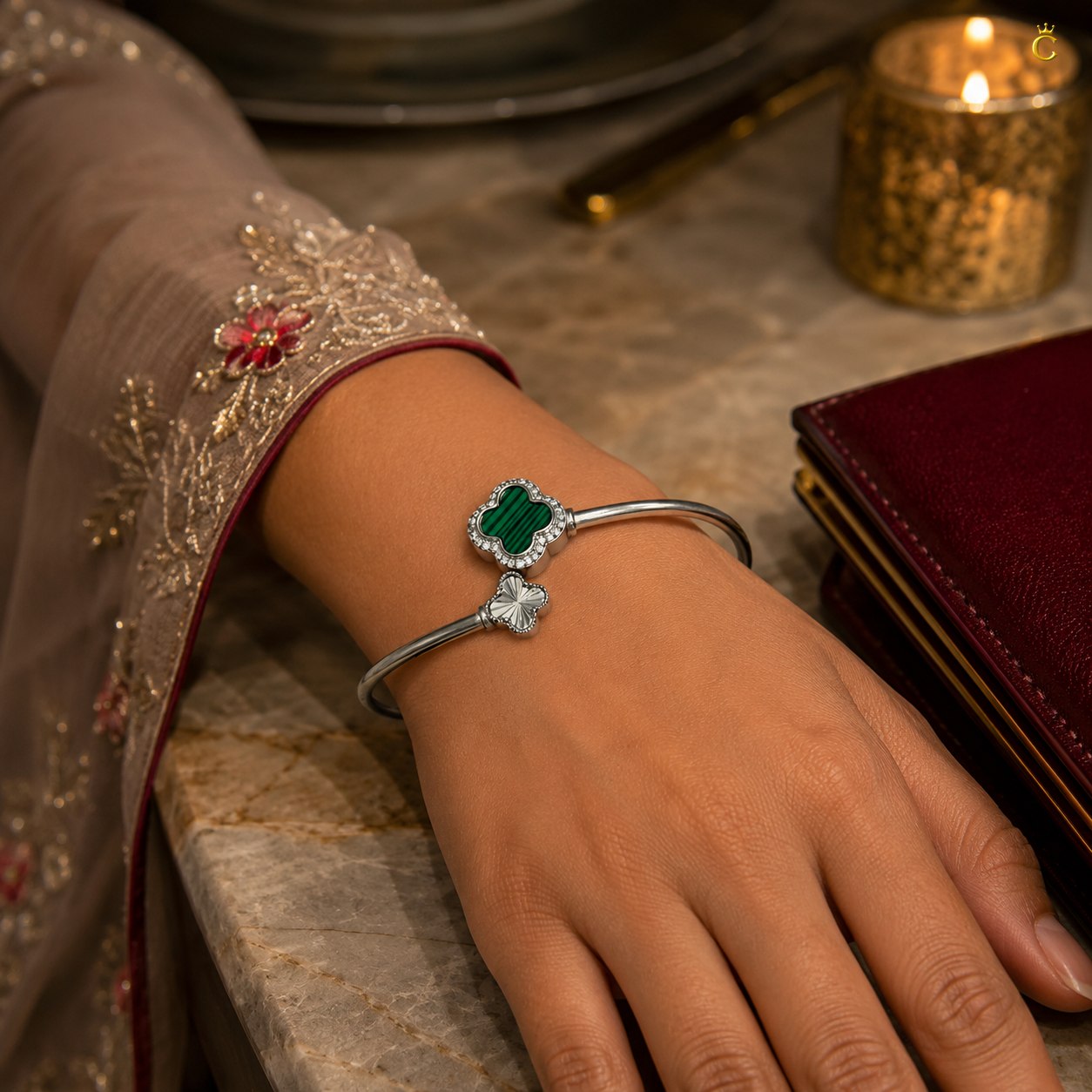 Celestora-Silver Open Cuff /Kada Van-cliff design with a Green & Silver clover motif
