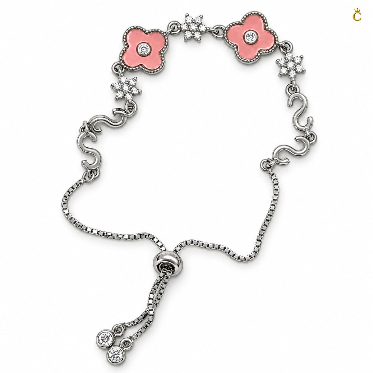 Elegant Silver pink floral adjustable /slider bracelet