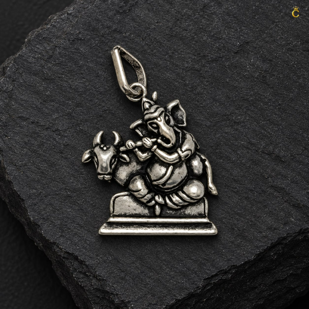 Oxidized Lord Ganesha with Bansuri and Holy cow Silver pendant