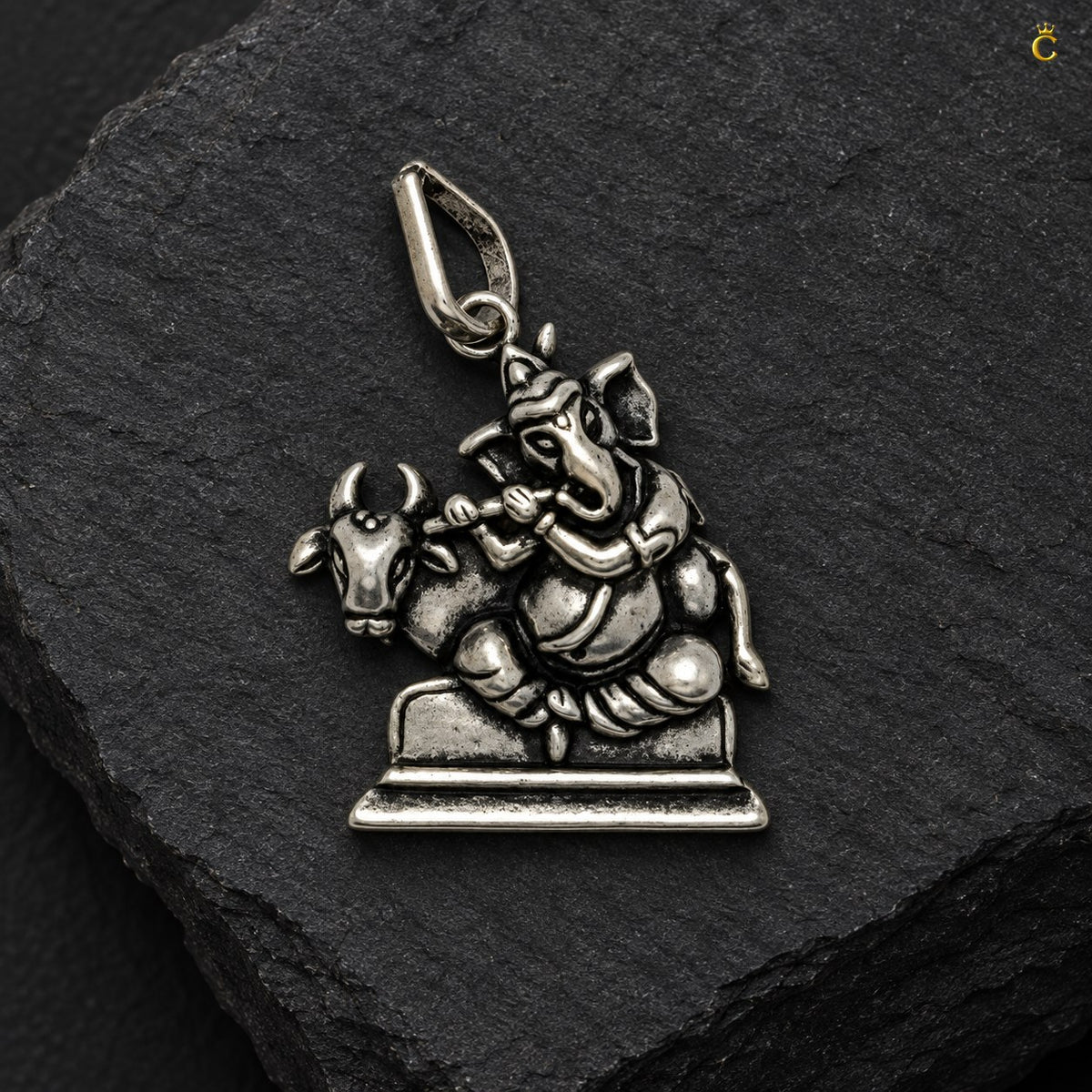 Oxidized Lord Ganesha with Bansuri and Holy cow Silver pendant