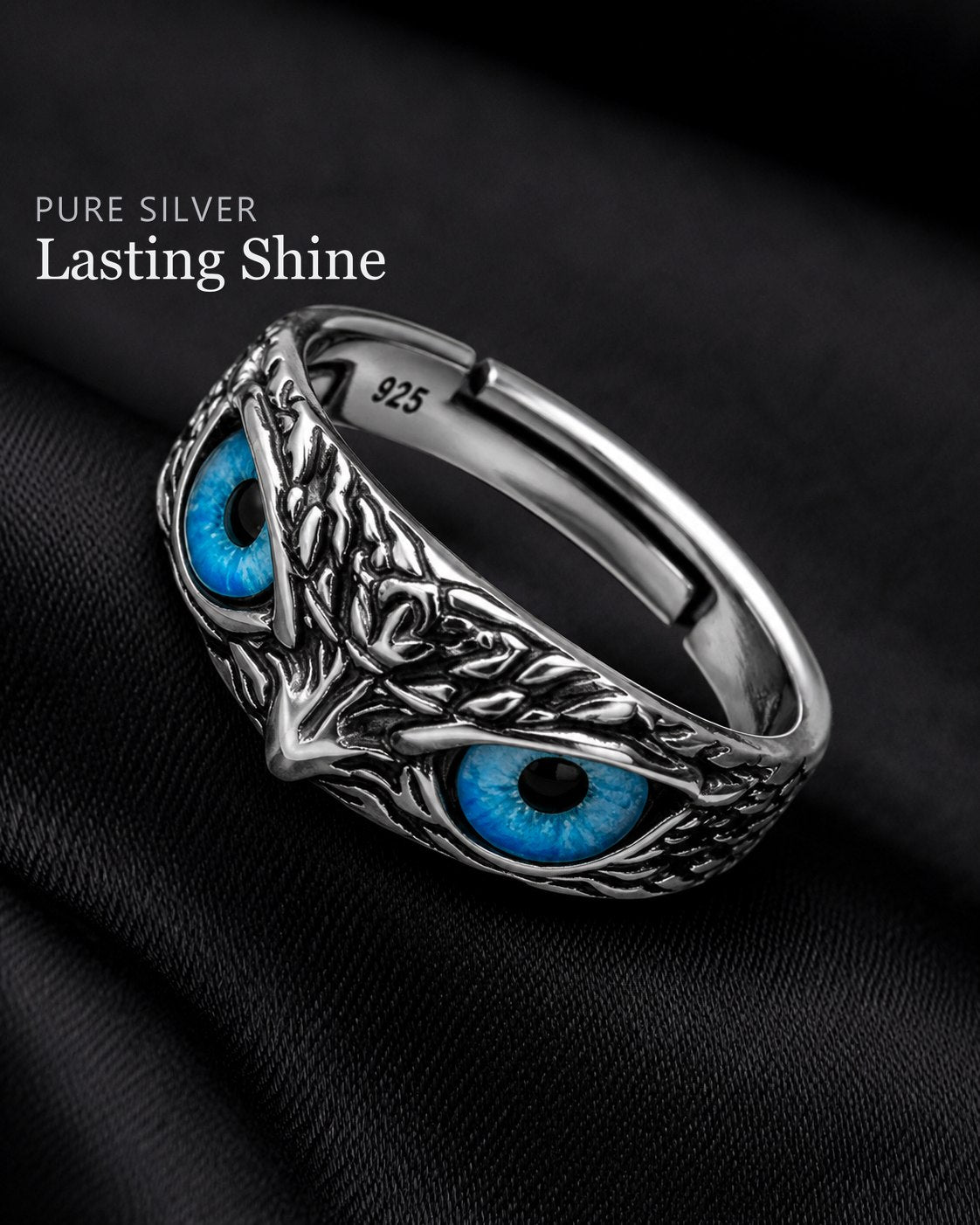 Vivid Blue-Eyed Owl Adjustable Silver Ring