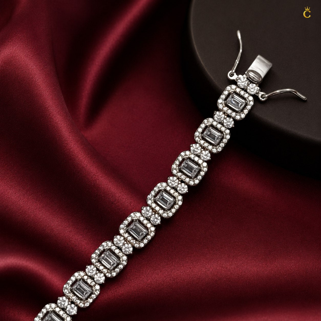 Emerald Cut Halo Diamond Link Silver Bracelet