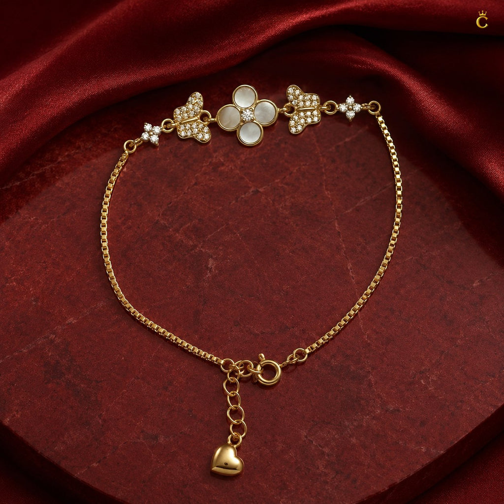 Gold Plated Silver Clover and Butterfly Charm Bracelet