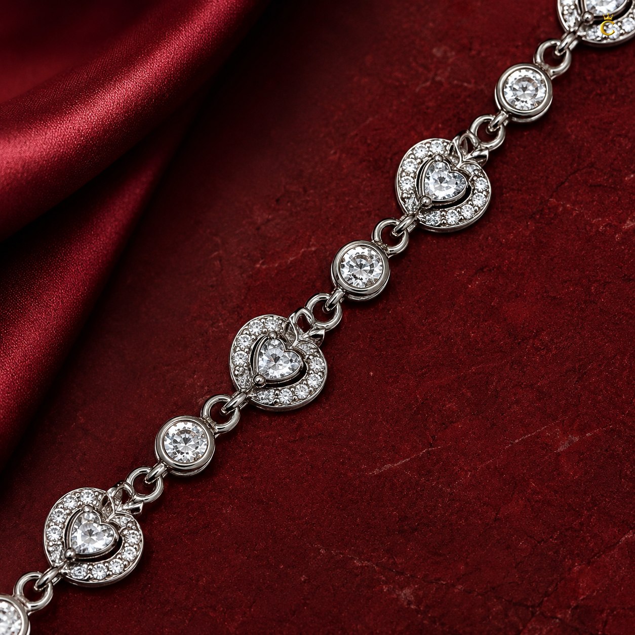 Interlinked Heart and Round Halo Silver Bracelet