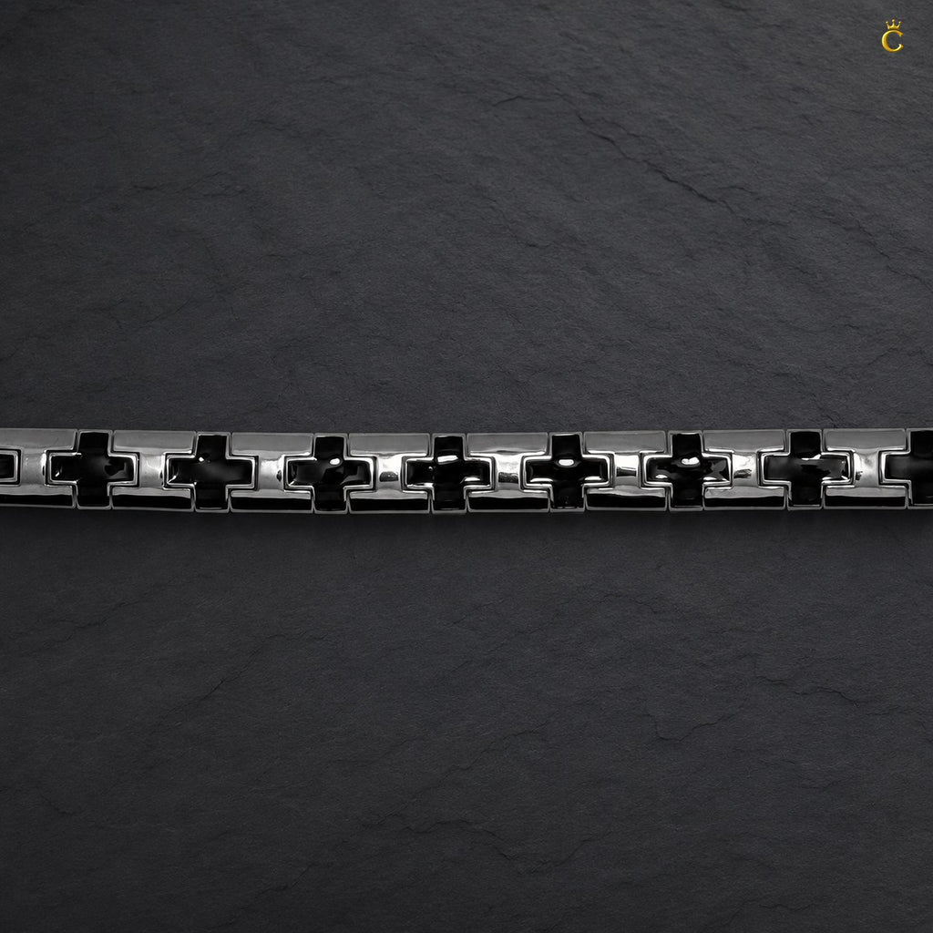 Men's Silver Black Cross Link Bracelet